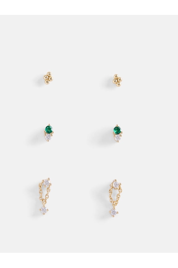 Women's 14K Gold Plated Cubic Zirconia Flat Back Stud Earring Set, 3-Pairs