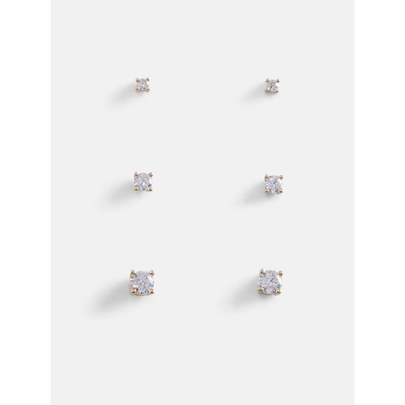 Free Assembly Women's Demi Fine 14K Gold Plated Cubic Zirconia Stud Earring Set, 3-Pairs