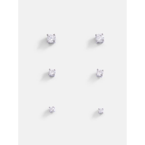 Free Assembly Women's Demi Fine Silver Plated Cubic Zirconia Stud Earring Set, 3-Pairs