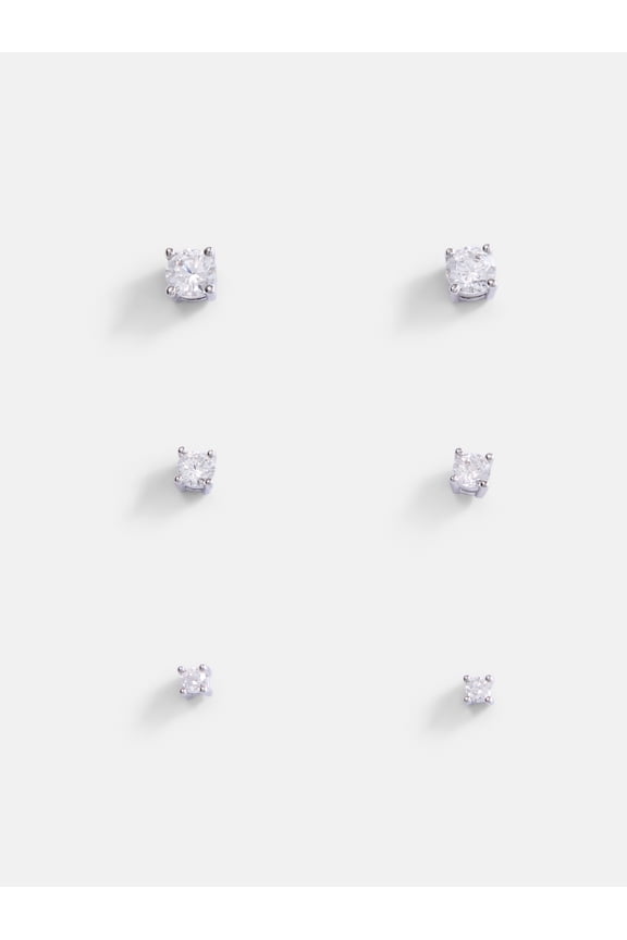 Women's Silver Plated Cubic Zirconia Stud Earring Set, 3-Pairs