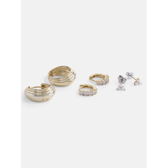 Free Assembly Women's 14K Gold Plated Cubic Zirconia and Simulated Pearl Earring Set, 3-Pairs