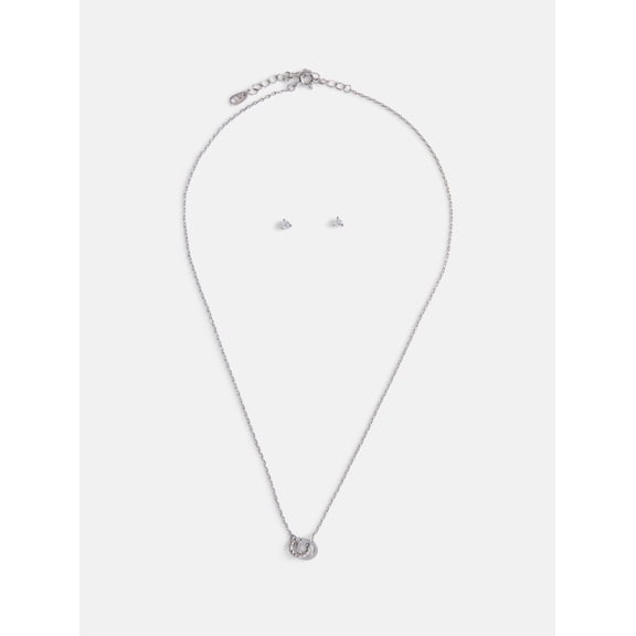 Free Assembly Women's Silver Plated Double Circle Necklace and Cubic Zirconia Stud Earring Set, 2-Piece