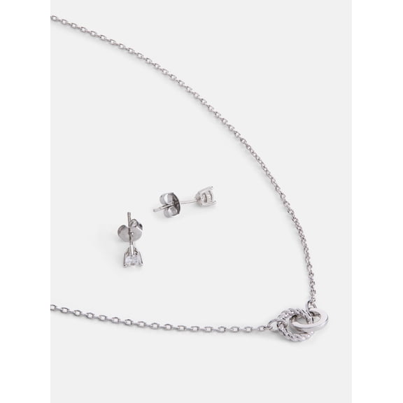 Free Assembly Women's Silver Plated Double Circle Necklace and Cubic Zirconia Stud Earring Set, 2-Piece