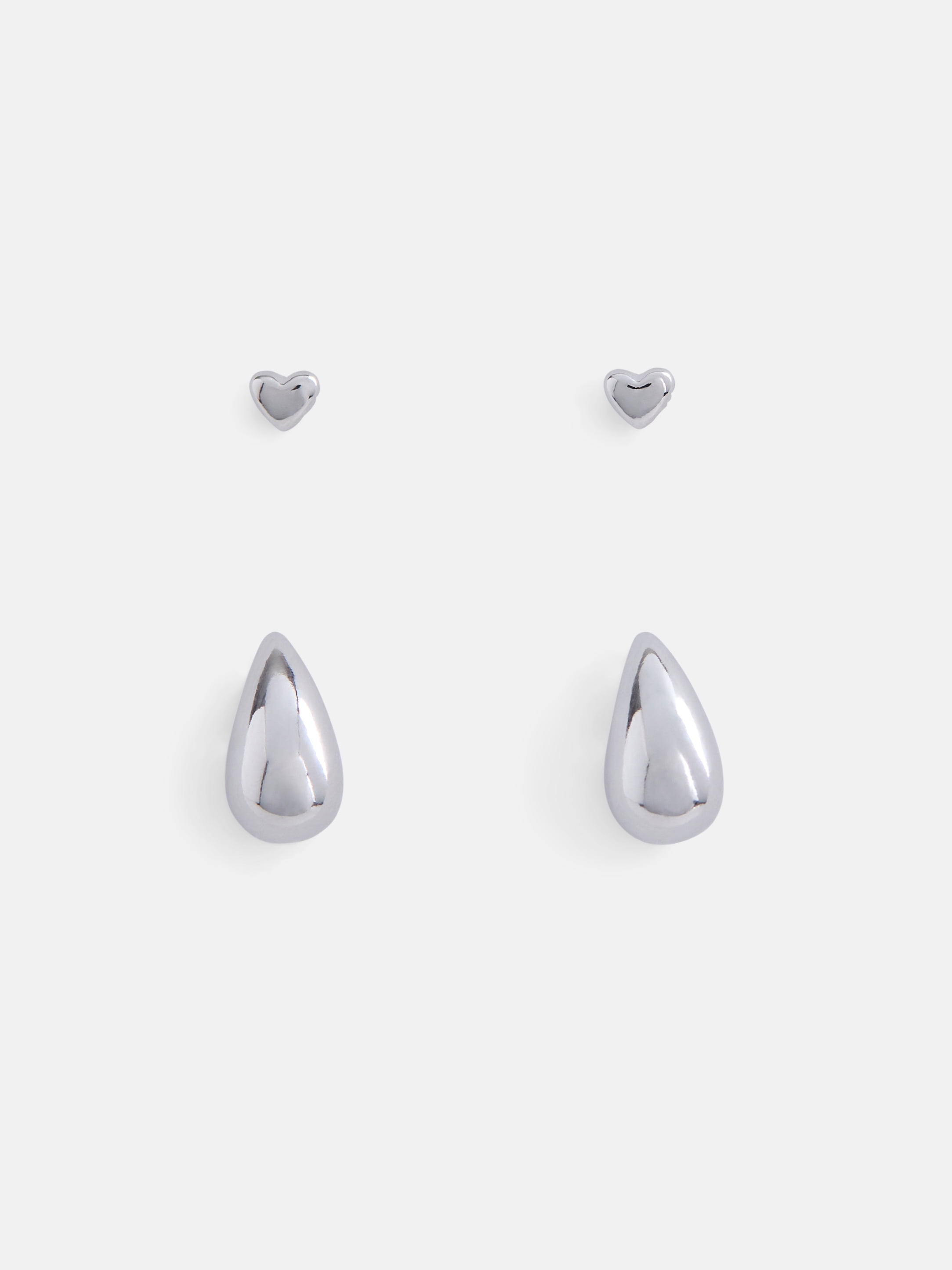 Women's Demi Fine Silver Plated Heart and Teardrop Flat Back Earrings Set, 2-Pairs
