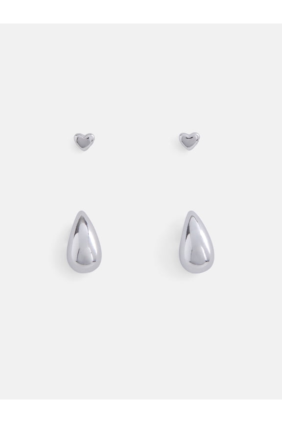 Women's Demi Fine Silver Plated Heart and Teardrop Flat Back Earrings Set, 2-Pairs