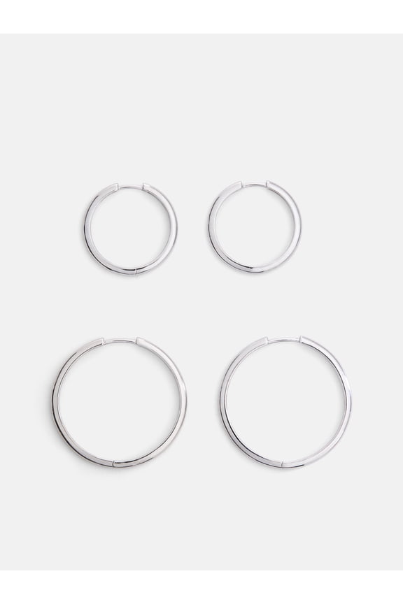 Women's Silver Plated Duo Round Hoop Earring Set, 2-Pairs