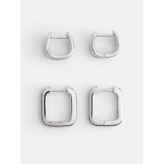 Free Assembly Women's Demi Fine Silver Plated Square Hoop Earring Set, 2-Pairs