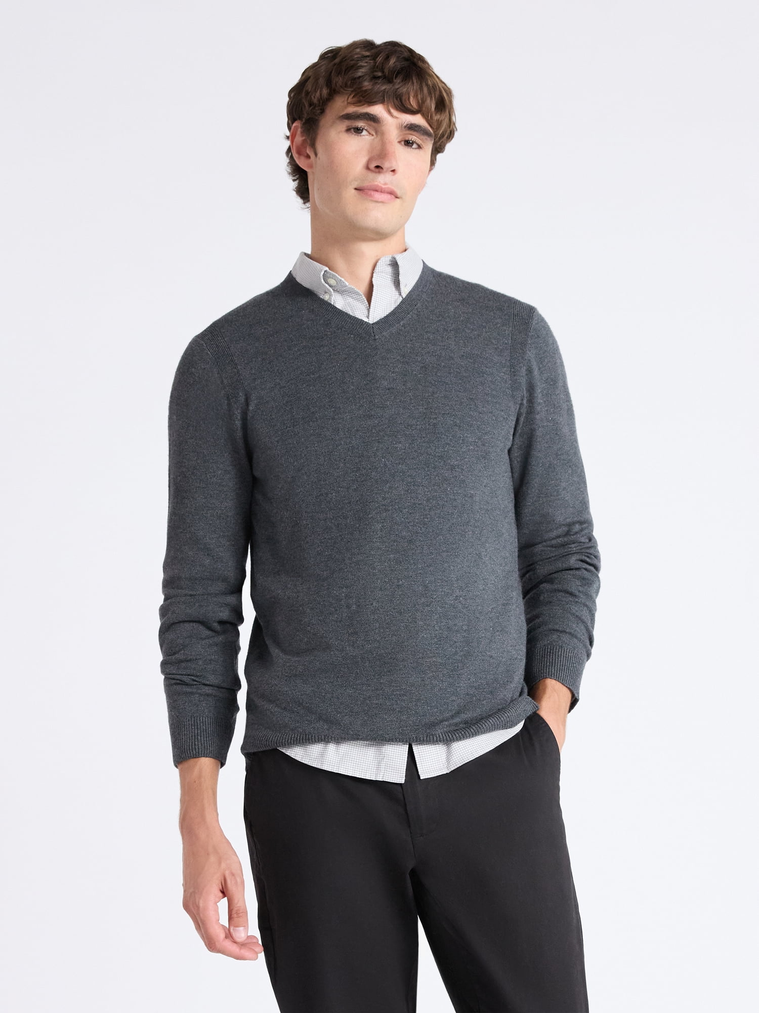 Free Assembly Men's Cozy Yarn Everyday V-Neck Sweater with Long Sleeves, Size XS-3XL