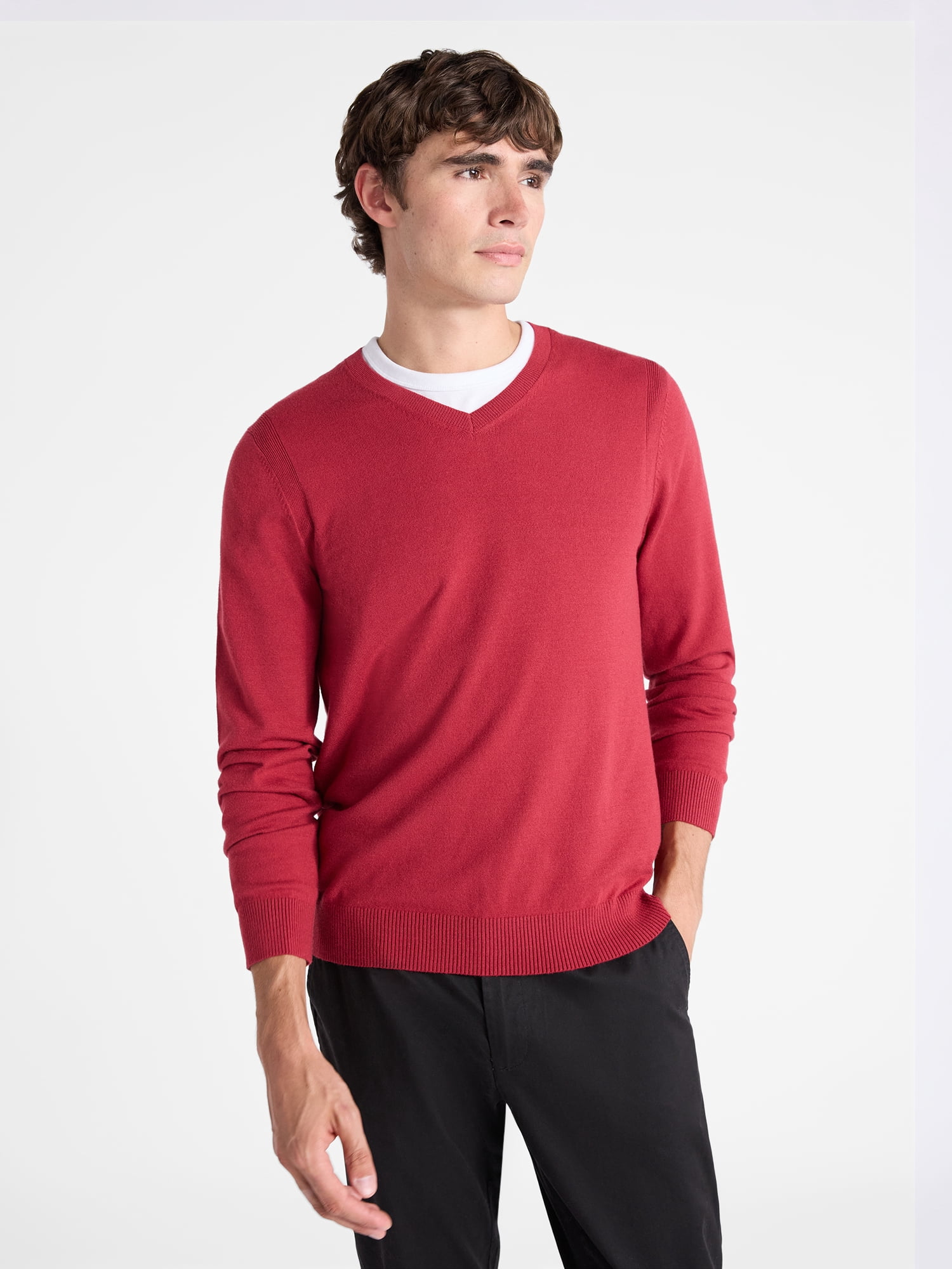 Free Assembly Men's Cozy Yarn Everyday V-Neck Sweater with Long Sleeves, Size XS-3XL