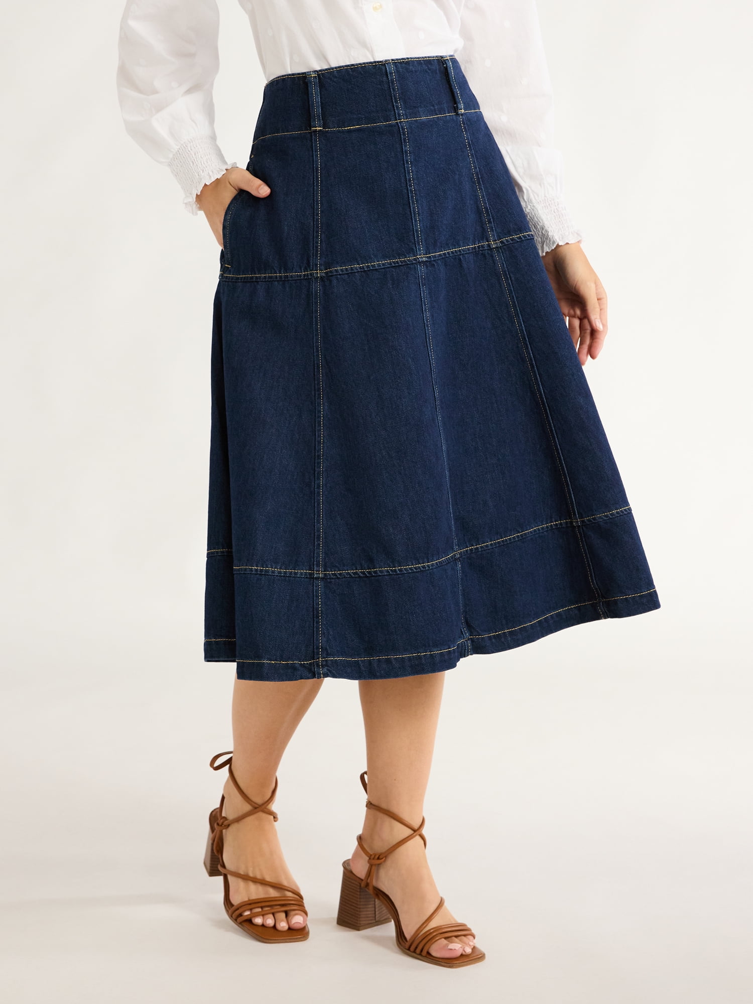 White Mid-Rise 100% Cotton Flared Midi Skirt main image 1