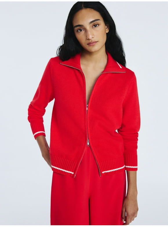 Women's Zip Front Sweater with Long Sleeves, Midweight, Sizes XS-XXL