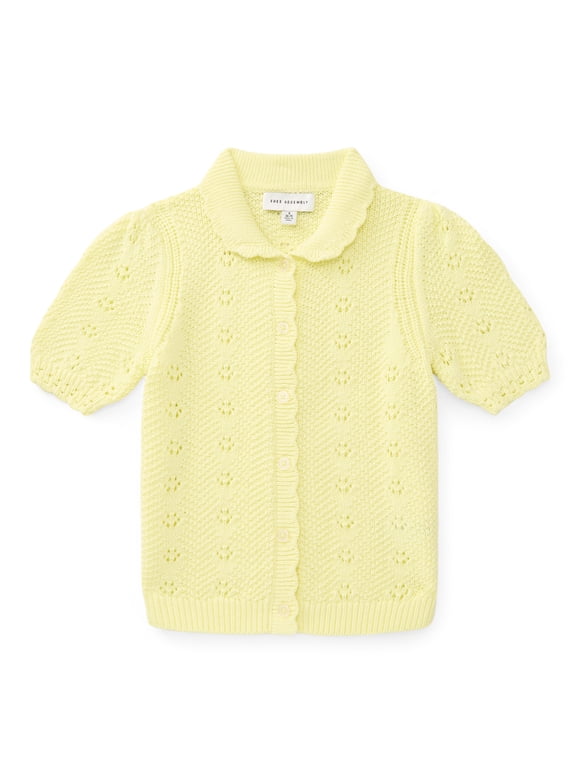 Girls' Cotton Pointelle Cardigan Sweater with Short Sleeves, Sizes XS 4/5-XL 14/16