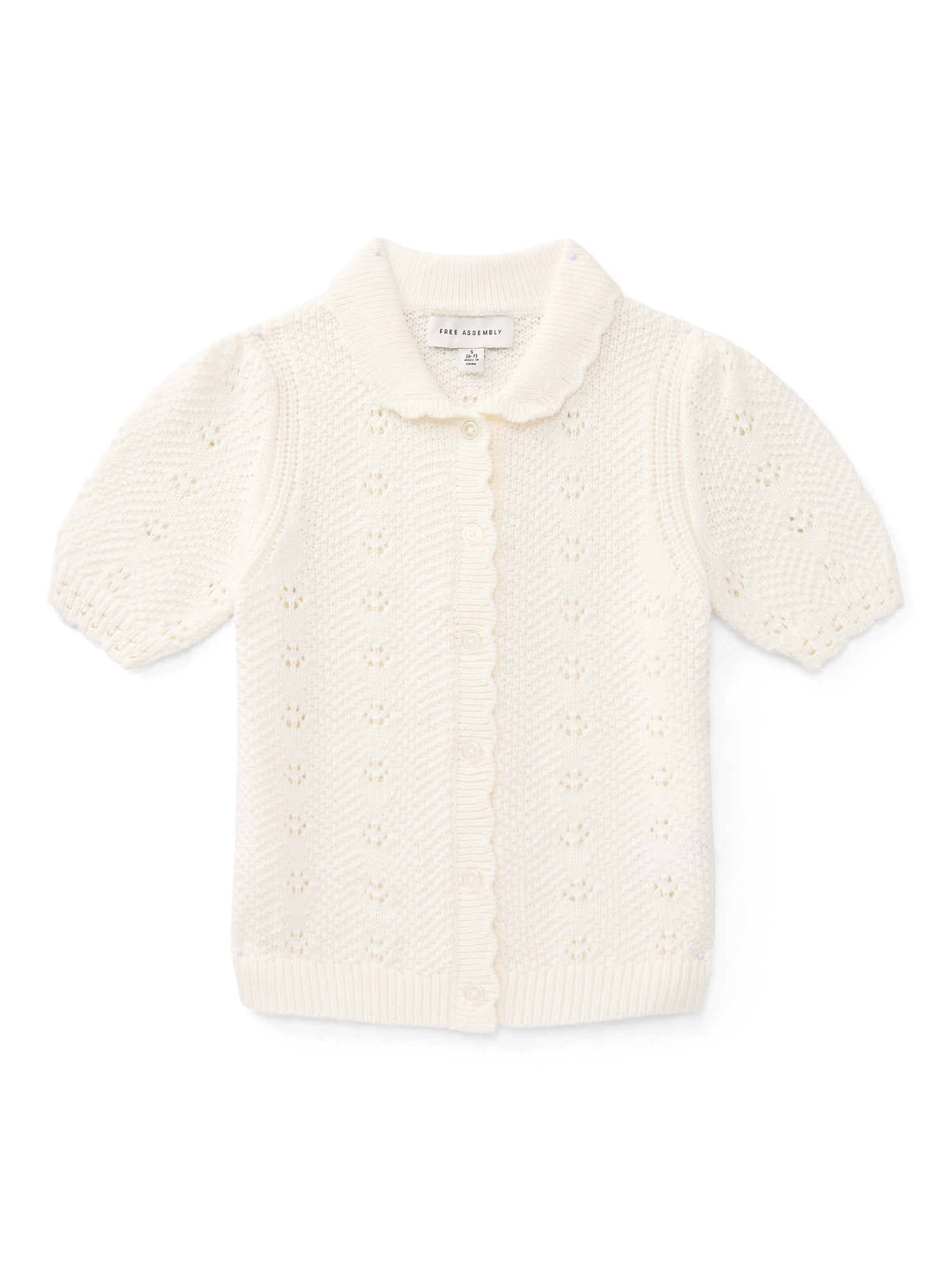 Free Assembly Kids and Toddler Cotton Pointelle Cardigan Sweater with Short Sleeves, Sizes 12M-3T and XS-XL