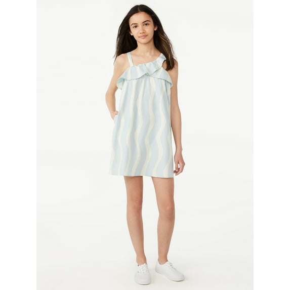 Free Assembly Girls Babydoll Dress with Asymmetric Neckline, Sizes 4-18