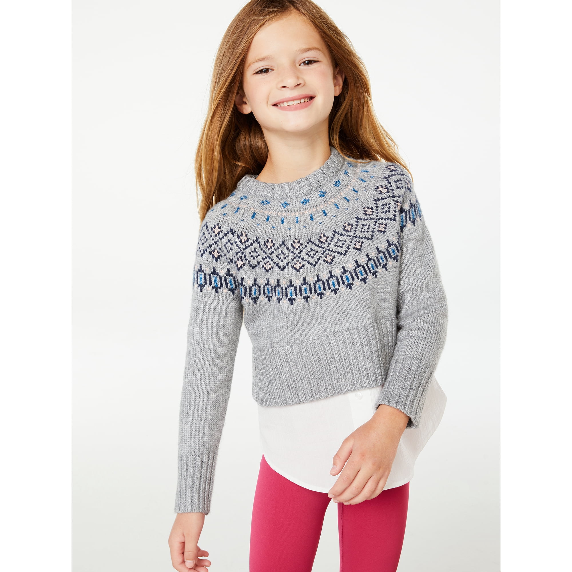 Free Assembly Girls' Fair Isle Sweater with Attached Shirt at Hem, Sizes  4-18 - Walmart.com
