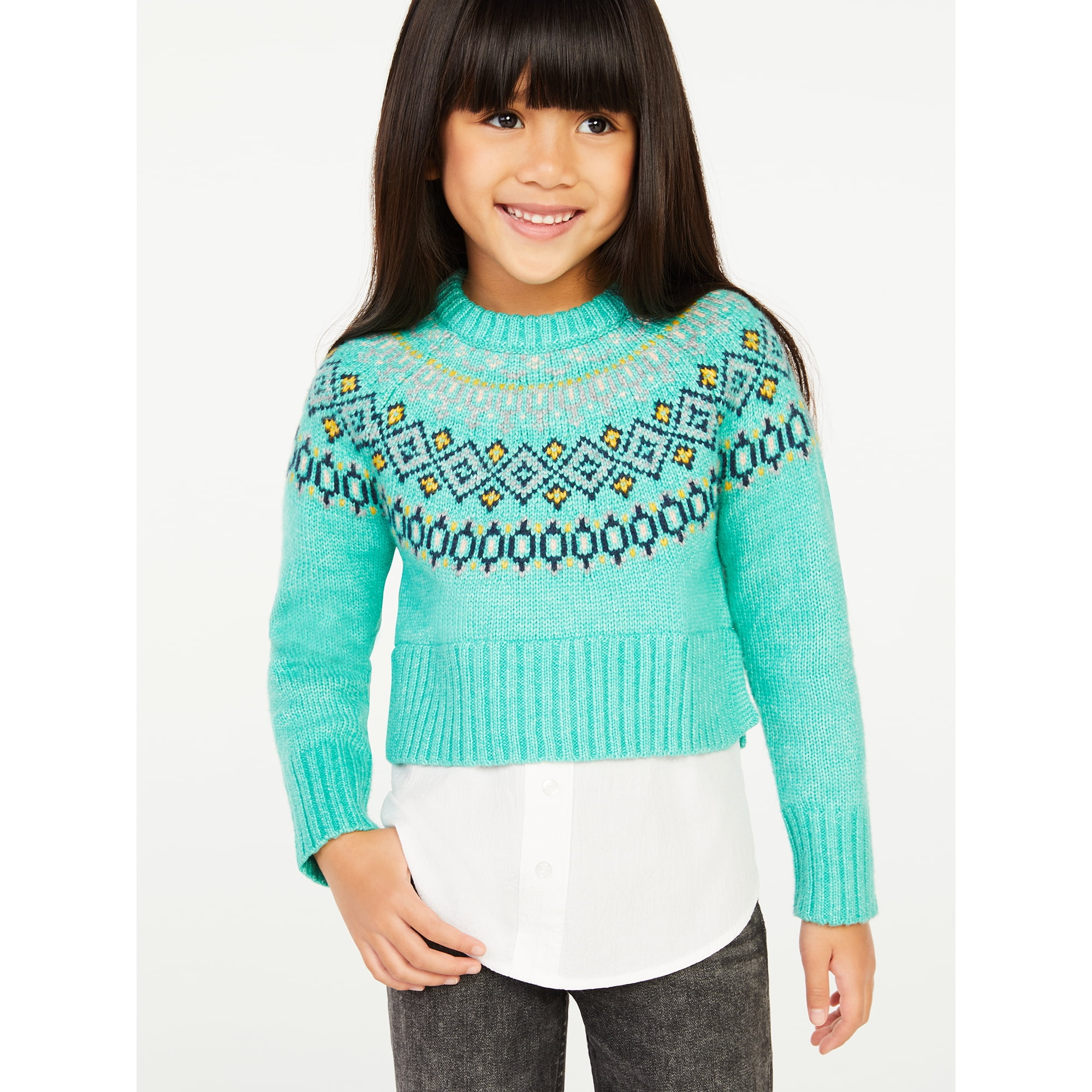 Free Assembly Girls' Fair Isle Sweater with Attached Shirt at Hem, Sizes  4-18 - Walmart.com