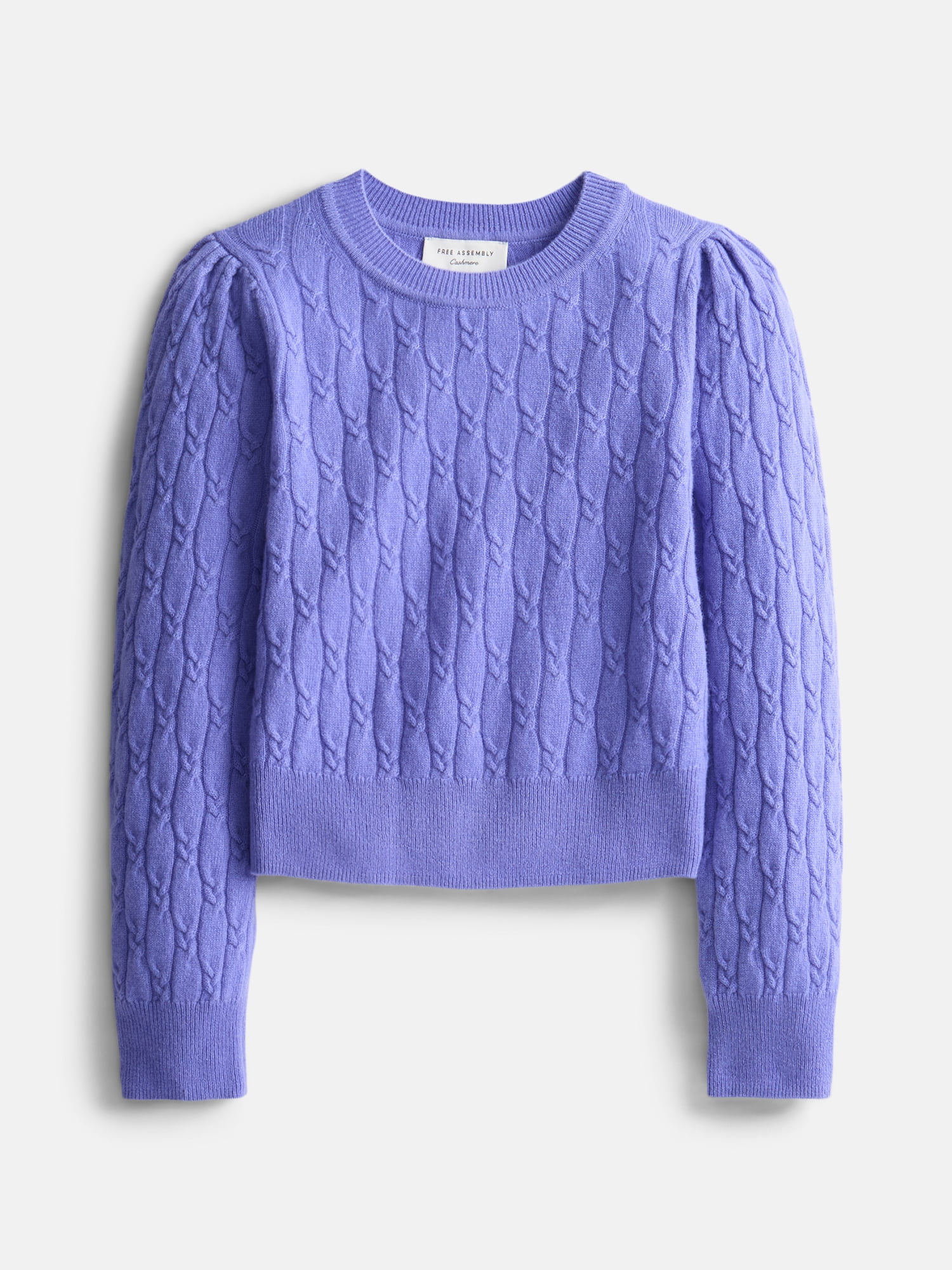 Free Assembly Toddler and Kids Cable Knit Cashmere Sweater with Puff Sleeves, Sizes 2T-5T and 6-12