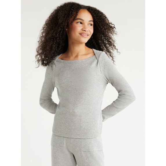 Free Assembly Girls Ribbed Top with Long Sleeves, Sizes 4-18