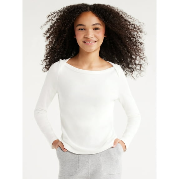 Free Assembly Girls Ribbed Top with Long Sleeves, Sizes 4-18