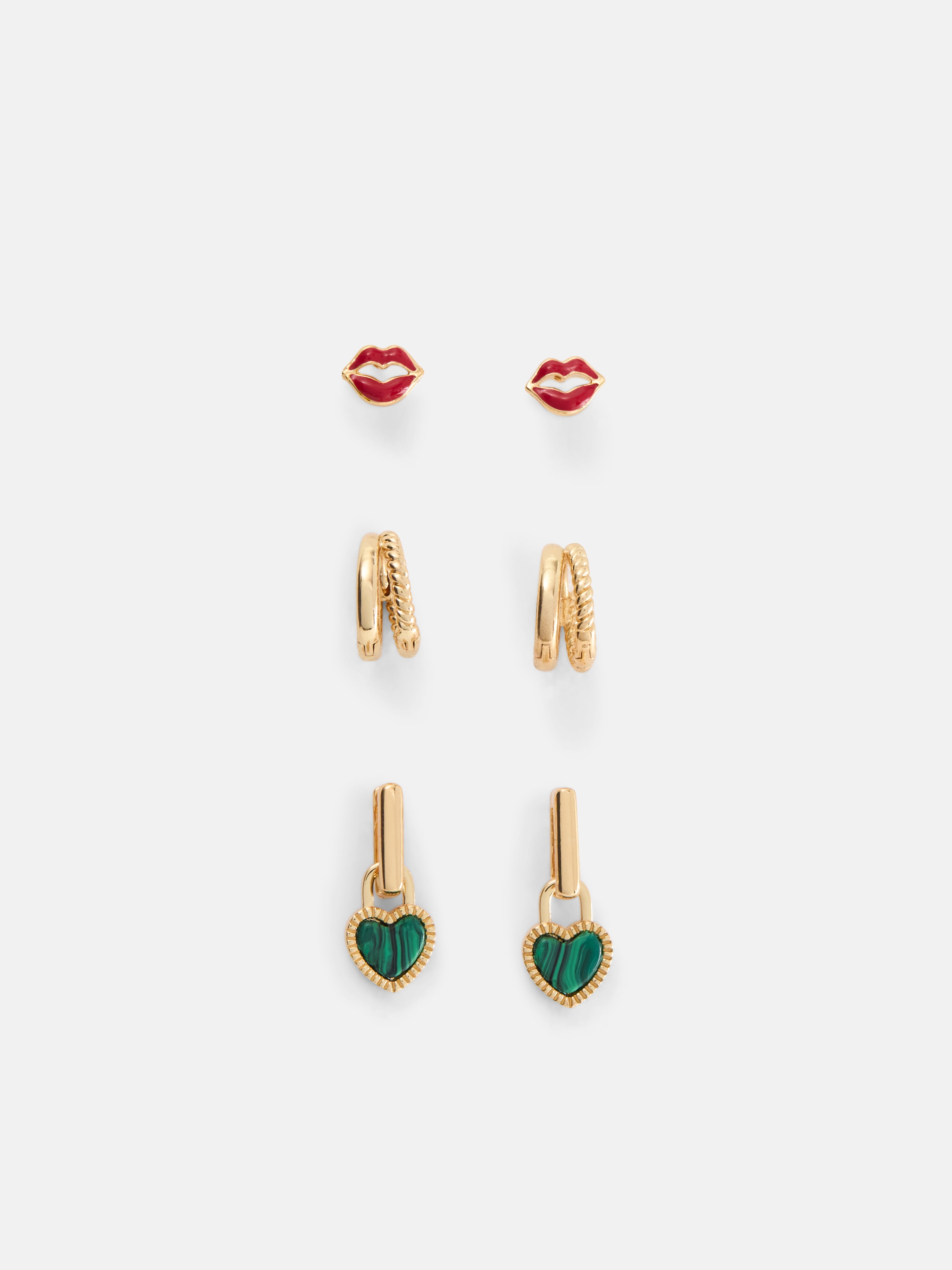 Free Assembly Women's Goldtone Lips, Hearts and Hoops Earring Set, 3-Pair