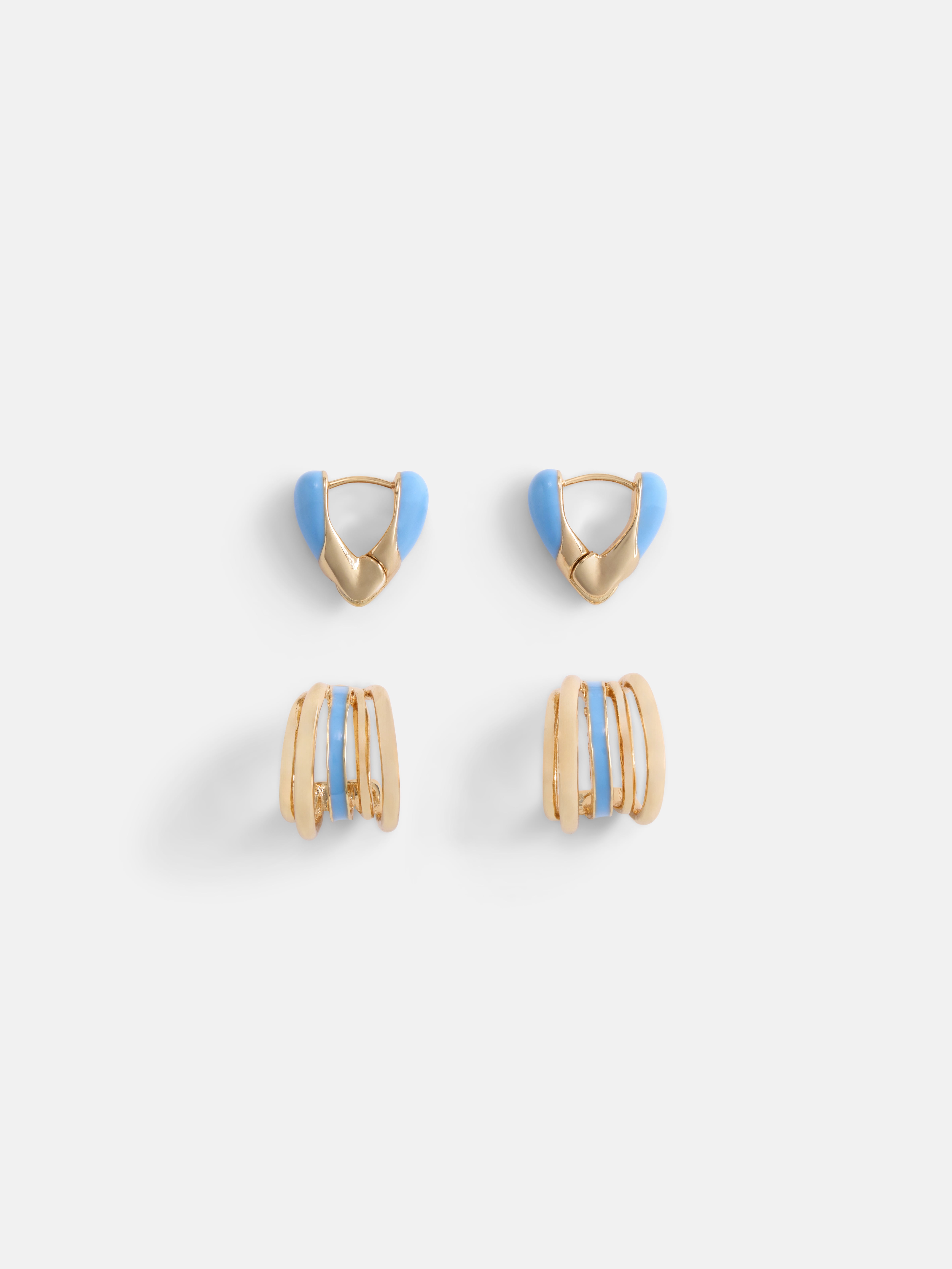 Free Assembly Women's Goldtone Duo Hoop Earring Set with Blue Enamel, 2-Pair