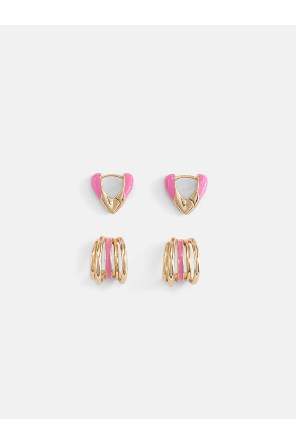 Women's Goldtone Duo Hoop Earring Set with Pink Enamel, 2-Pair