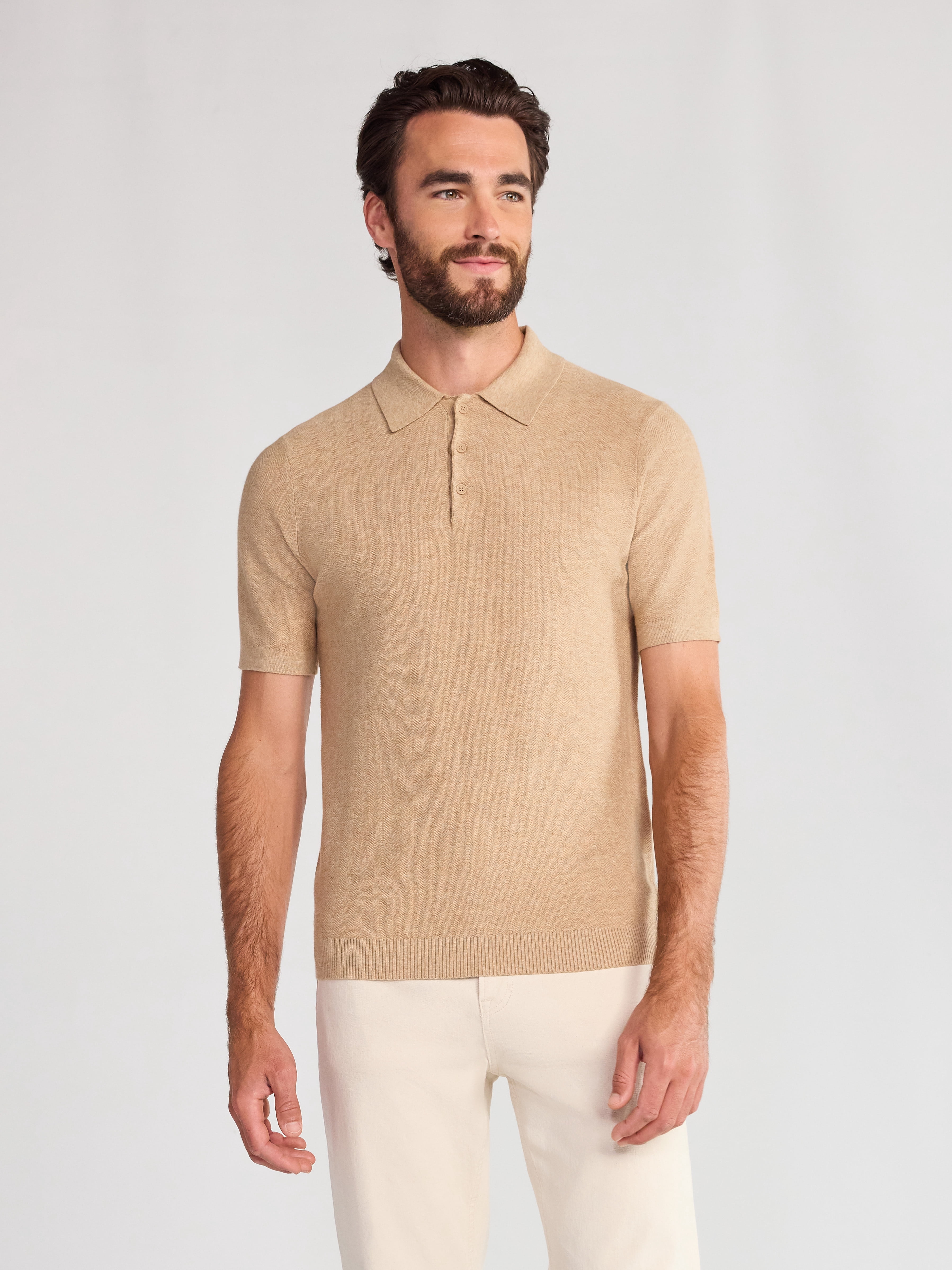 Free Assembly Men's Cozy Yarn Herringbone Polo Sweater with Short Sleeves, Sizes S-3XL
