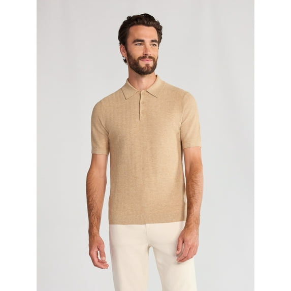 Free Assembly Men's Cozy Yarn Herringbone Polo Sweater with Short Sleeves, Sizes S-3XL