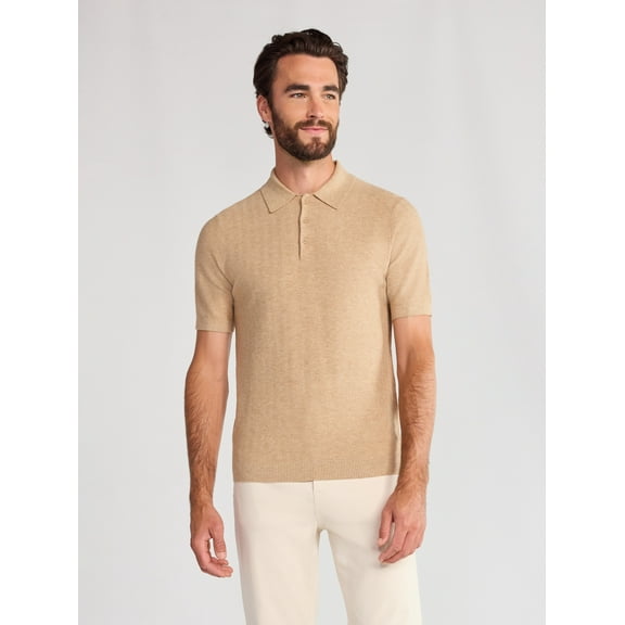 Free Assembly Men's Cozy Yarn Herringbone Polo Sweater with Short Sleeves, Sizes S-3XL