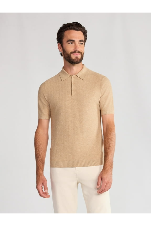 Men's Cozy Yarn Herringbone Polo Sweater with Short Sleeves, Sizes S-3XL