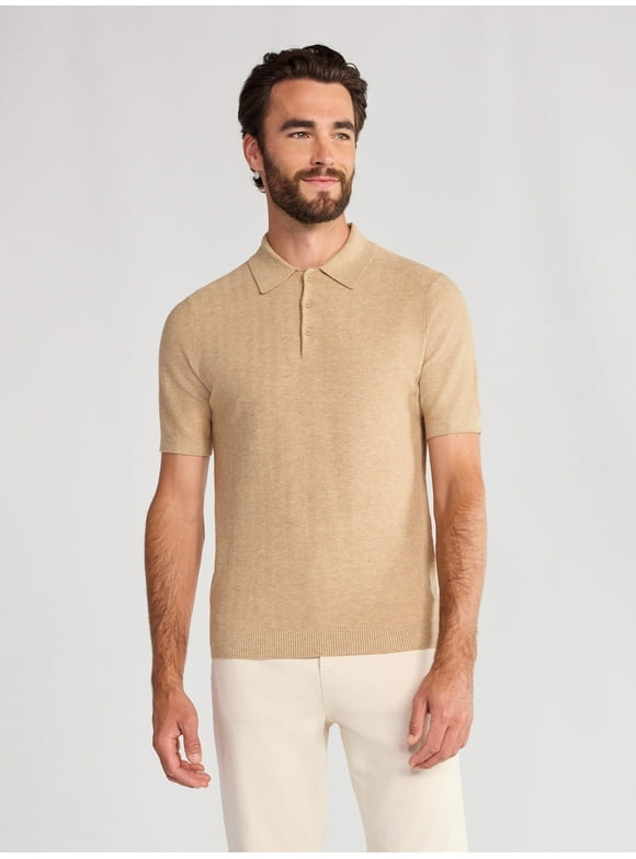 Men's Cozy Yarn Herringbone Polo Sweater with Short Sleeves, Sizes S-3XL