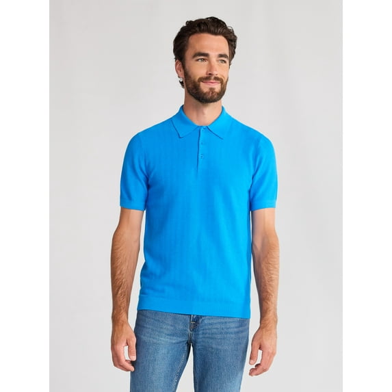 Free Assembly Men's Cozy Yarn Herringbone Polo Sweater with Short Sleeves, Sizes S-3XL