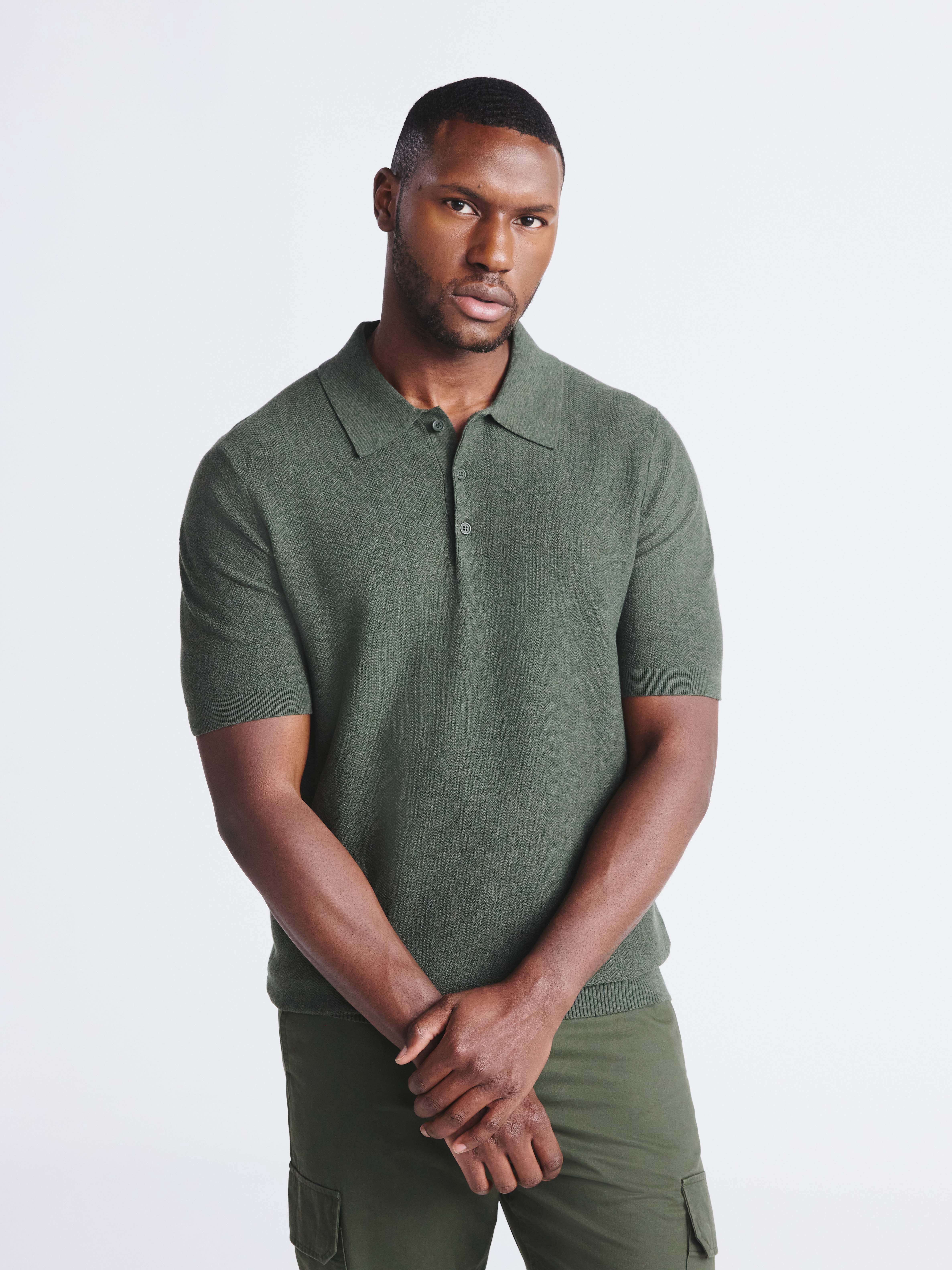 Free Assembly Men's Cozy Yarn Herringbone Polo Sweater with Short Sleeves, Sizes S-3XL