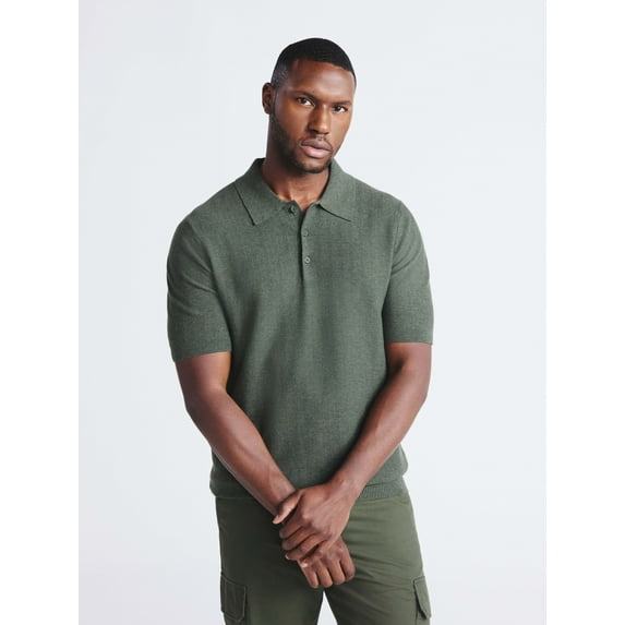 Free Assembly Men's Cozy Yarn Herringbone Polo Sweater with Short Sleeves, Sizes S-3XL