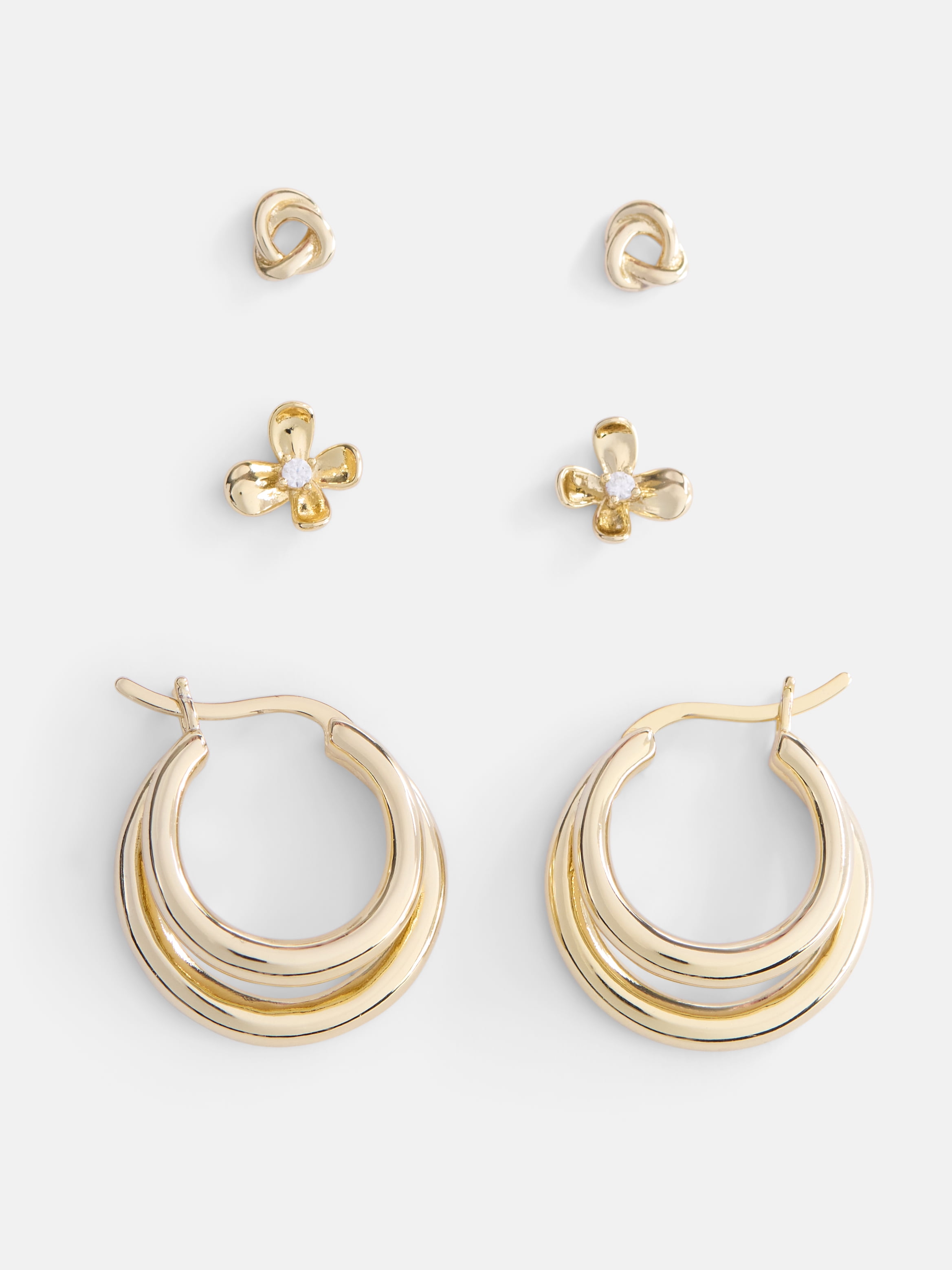 Free Assembly Women's Demi Fine 14K Gold Plated Hoop and Stud Earring Set, 3-Pairs