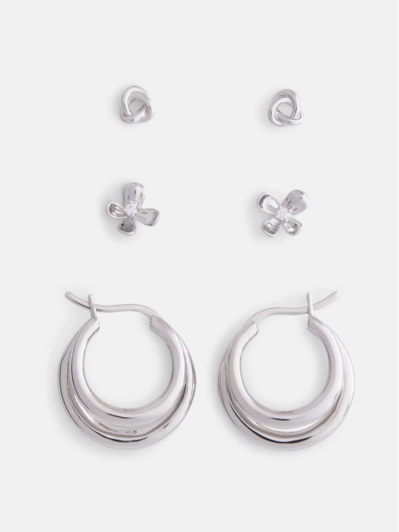 Women's Demi Fine Silver Plated Hoop and Stud Earring Set, 3-Pairs