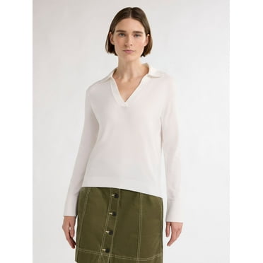 Free Assembly Women’s Cozy Yarn Polo Sweater with Long Sleeves, Lightweight, Sizes XS-XXL