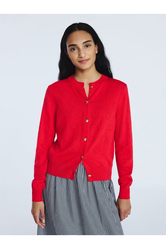 Women's and Women's Plus Heart Cardigan Sweater with Long Sleeves, Lightweight, Sizes XS-4X