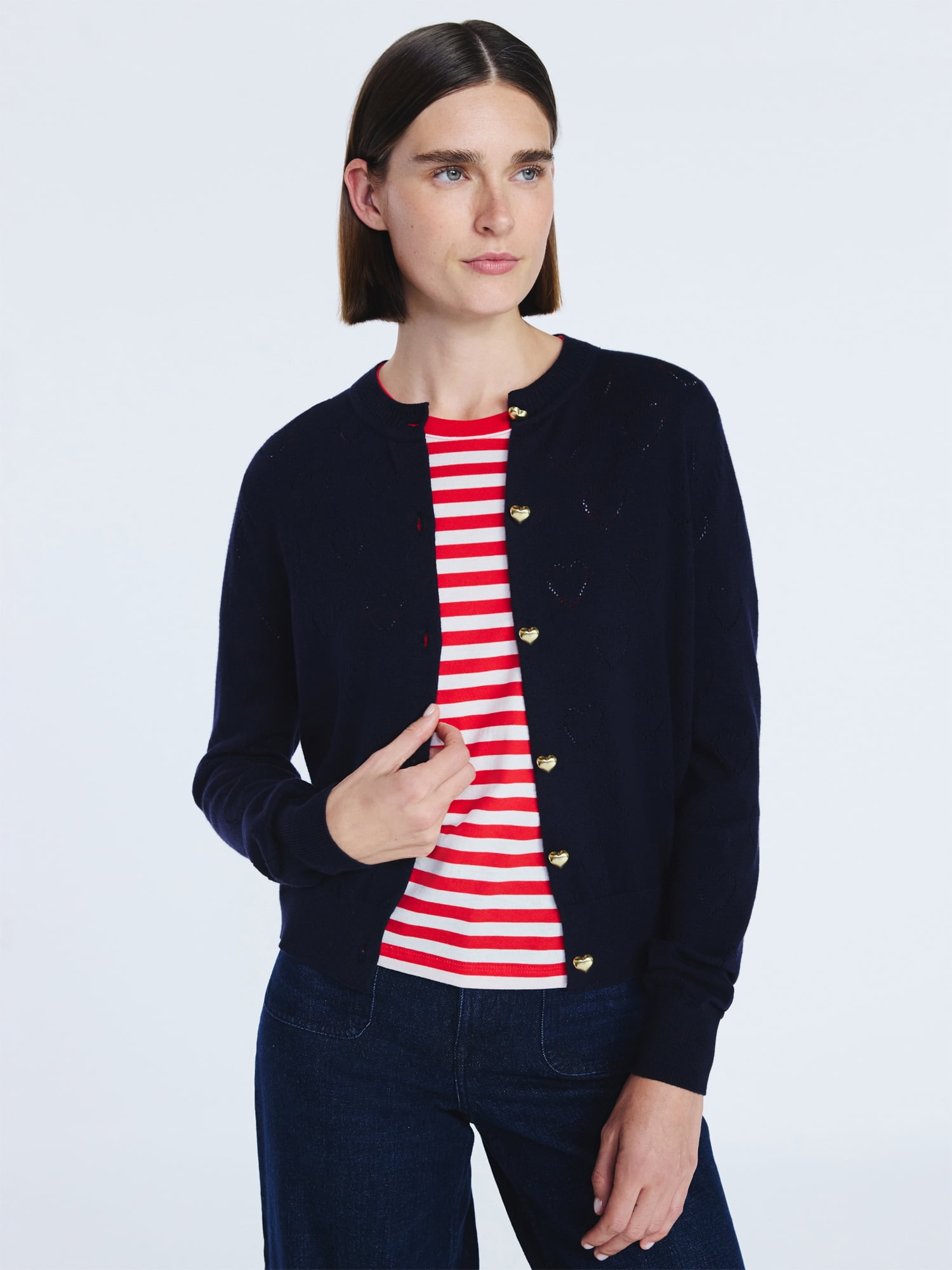 Free Assembly Women's and Women's Plus Heart Cardigan Sweater with Long Sleeves, Lightweight, Sizes XS-4X