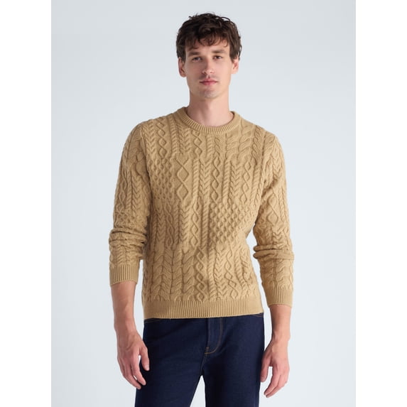 Free Assembly Men's Patchwork Fisherman Sweater, Midweight, Sizes XS- 3XLT