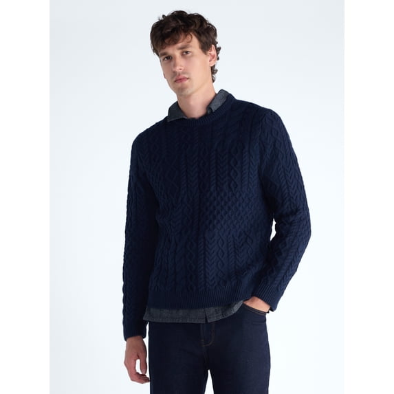 Free Assembly Men's Patchwork Fisherman Sweater, Midweight, Sizes XS- 3XLT