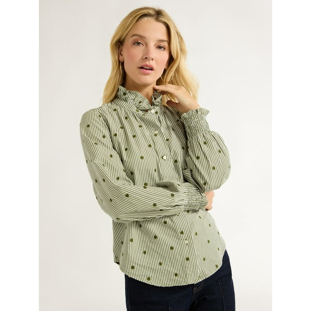 Free Assembly Women’s Ruffle Neck Cotton Blouse, Sizes XS-XXL - Walmart.com