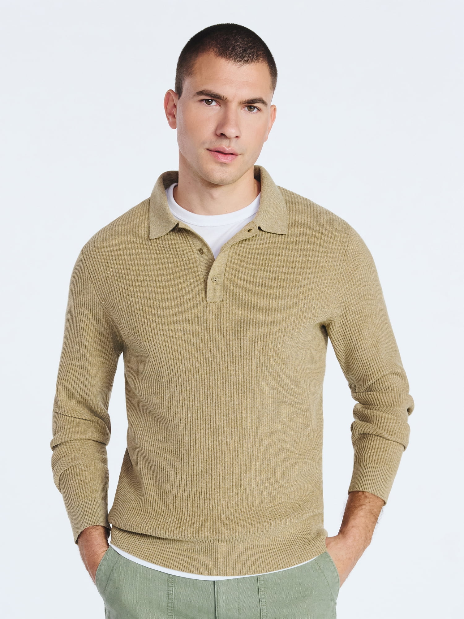 Free Assembly Men's Cozy Yarn Polo Sweater with Long Sleeves, Sizes S-3XL