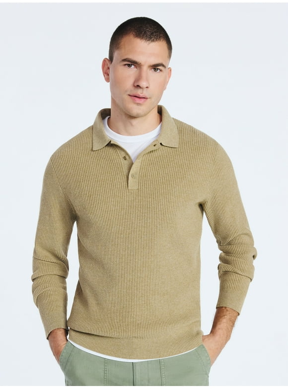 Men's Cozy Yarn Polo Sweater with Long Sleeves, Sizes S-3XL