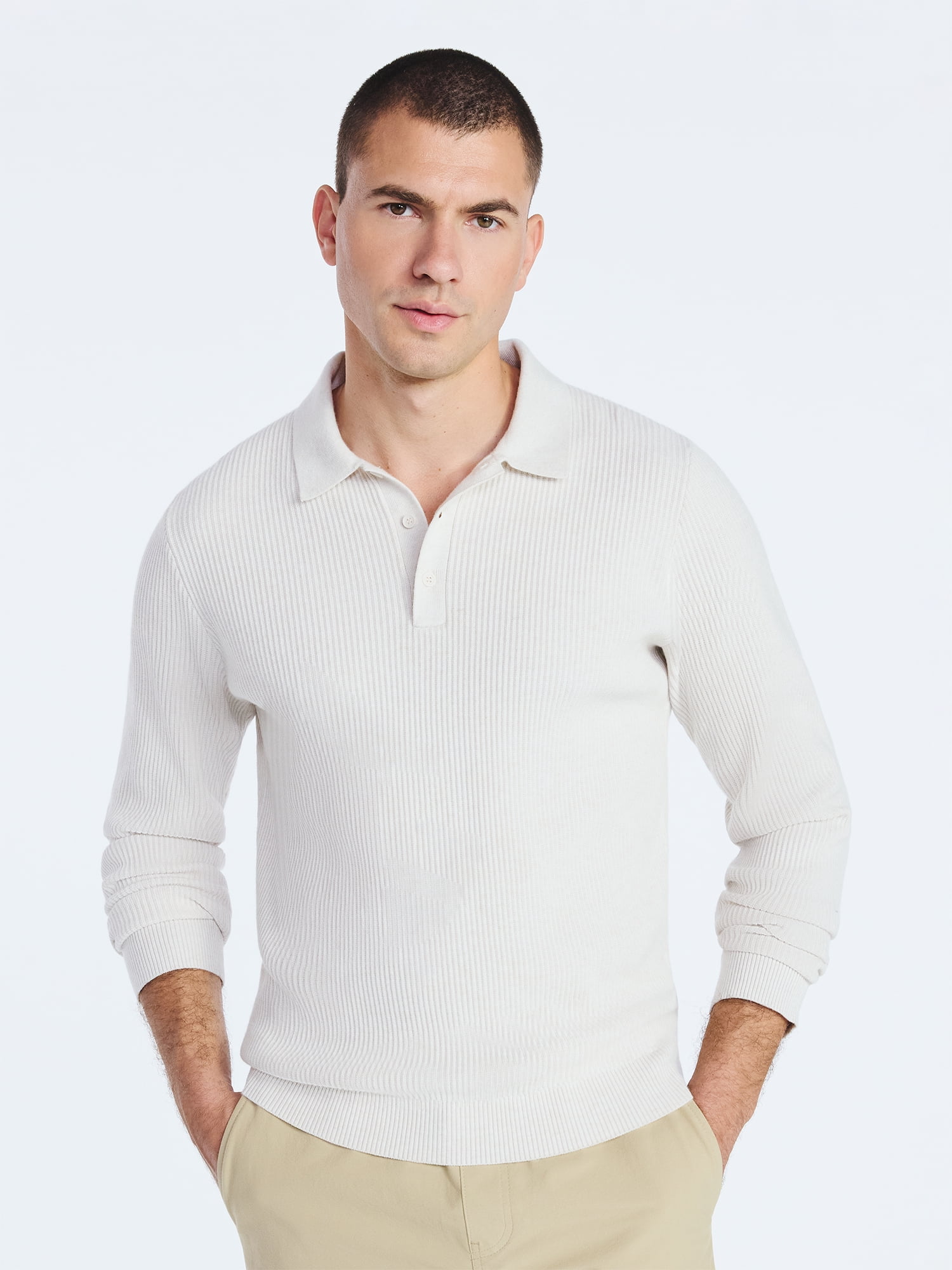 Free Assembly Men's Cozy Yarn Polo Sweater with Long Sleeves, Sizes S-3XL