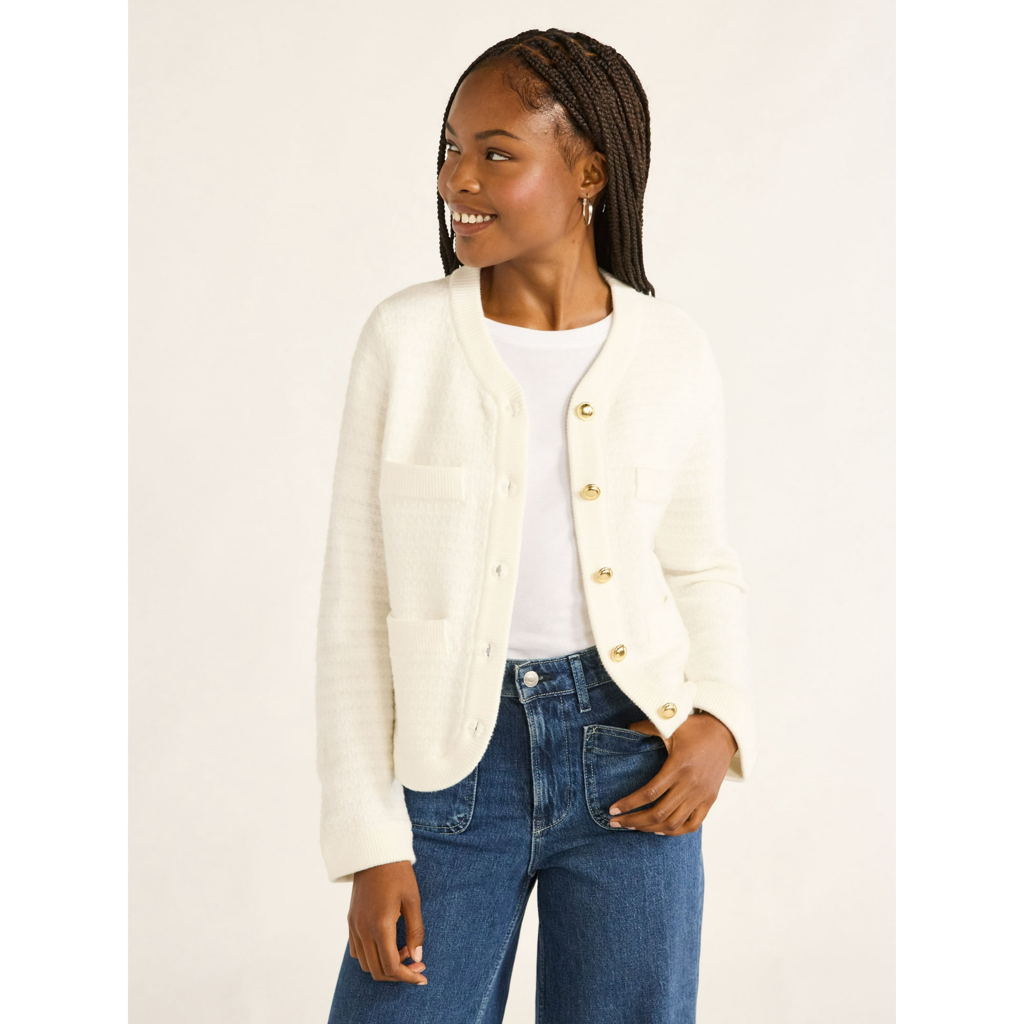 Women-s and Women 's Plus Welt Pocket Cardigan Sweater