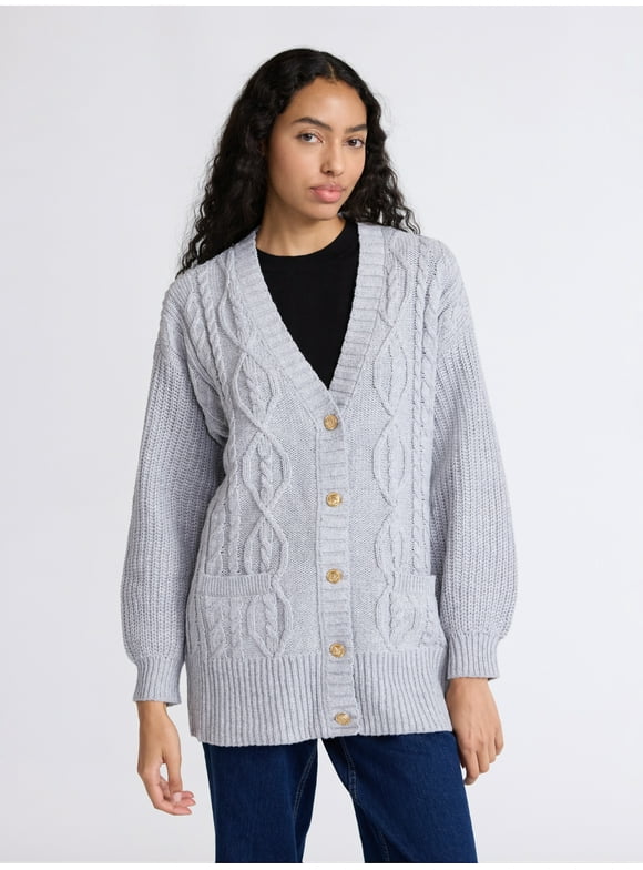 Women's Oversized Cable Cardigan Sweater with Long Sleeves, Midweight, Sizes XS-XXL