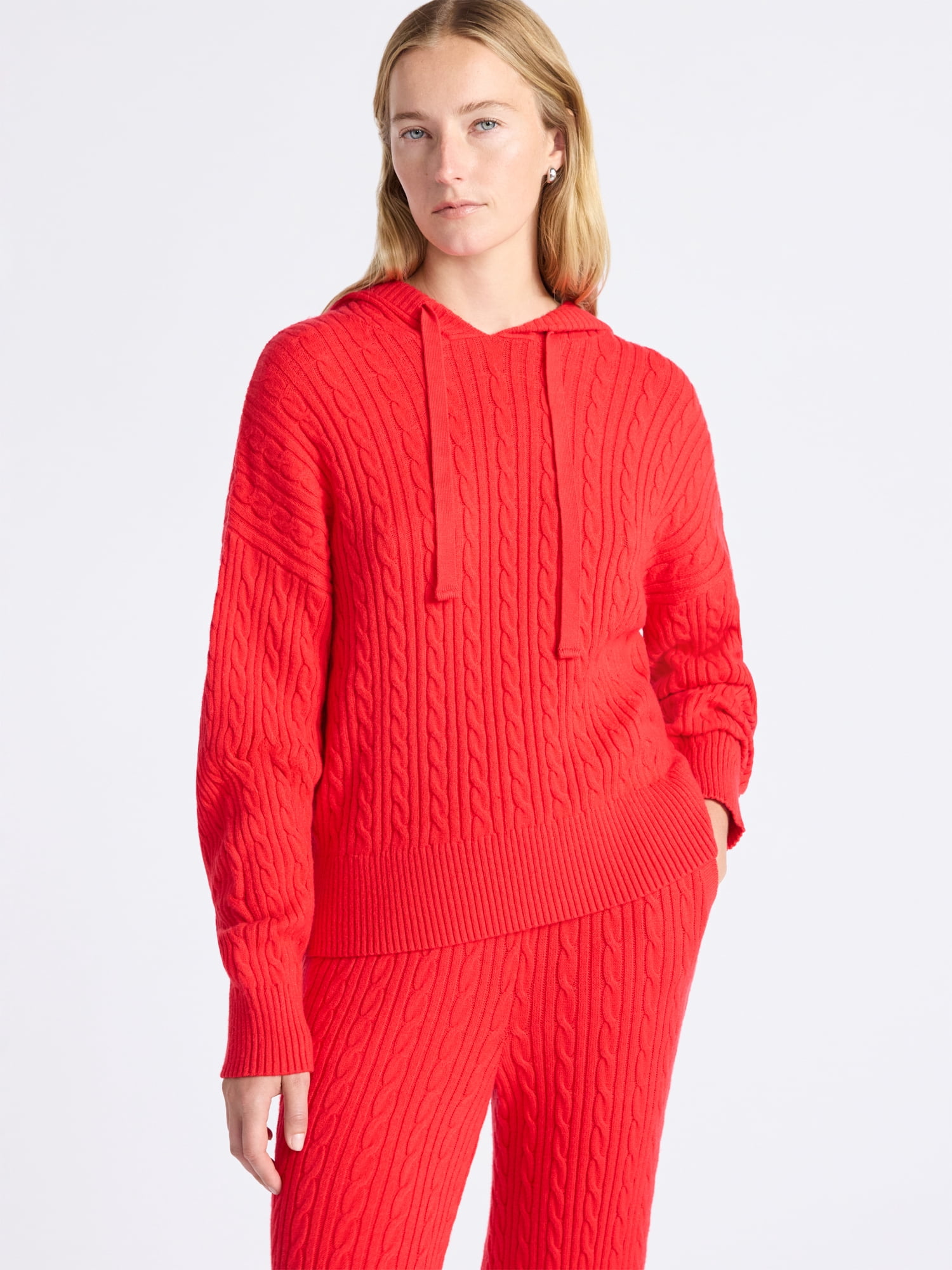 Free Assembly Women's Cozy Yarn Cable Knit Hoodie Sweater, Midweight, Size XS-XXL