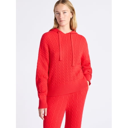 Free Assembly Women's Cozy Yarn Cable Knit Hoodie Sweater, Midweight, Size XS-XXL