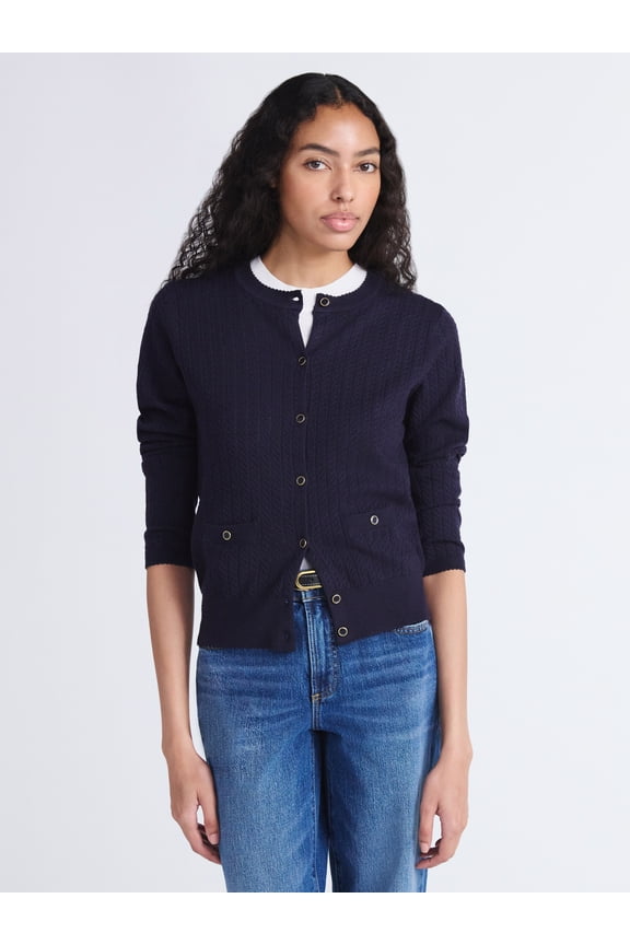 Women's and Women's Plus Cozy Yarn Welt Pocket Cable Cardigan Sweater, Midweight, Sizes XS-4X
